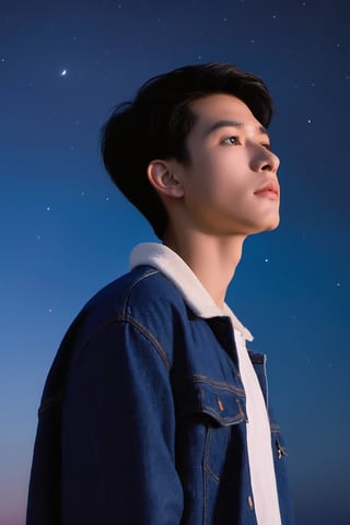 Canon RF85mm f/1.2,1boy, solo, realistic, short hair, denim, black hair,,full body,sky,night,Galaxy,simple background,
,close up