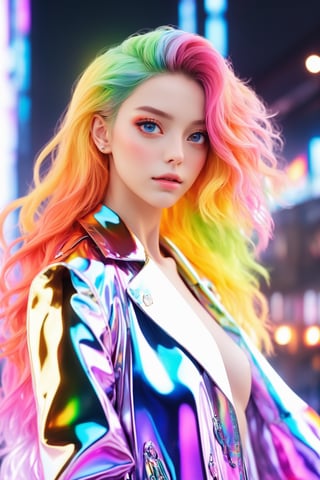 (masterpiece, best quality, anime), beautiful woman, upper body shot, beautiful eyes, rainbow hair, rainbow body, beautiful transparent coat,3d style