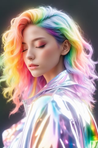 (masterpiece, best quality, anime), beautiful woman, upper body shot, eyes closed, rainbow hair, rainbow body, rainbow transparent coat,3d style