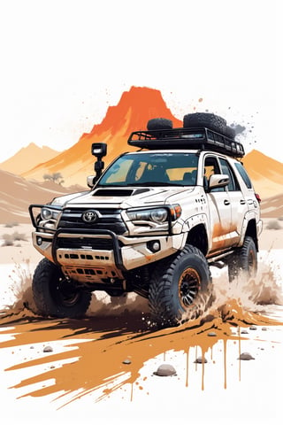 Centered image, bits of color, hand drawn, realistic sketch, Rough sketch, bold lines, splash art, Artwork design, white background, offroad vehicle Toyota samurai, desert, sunrise, flat illustration, high contrast, vibrant vector, vector image, 8k,dripping paint