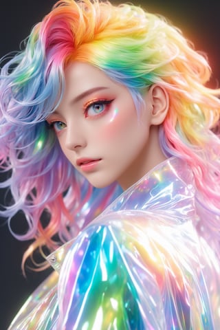 (masterpiece, best quality, anime), beautiful woman, upper body shot, beautiful eyes, rainbow hair, rainbow body, beautiful transparent coat,3d style