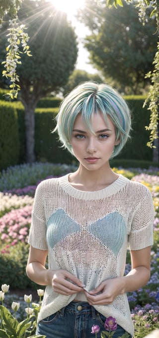 ((masterpiece, best quality, 1girl, solo)), a Influencer Ribbed Knit Short blue green light with white hair, scene behide a beautiful flower garden, A garden filled with a vibrant display of colorful flowers. The sun is gently warming the scene, and there's a soft breeze rustling through the petals. GlowingRunes_,1