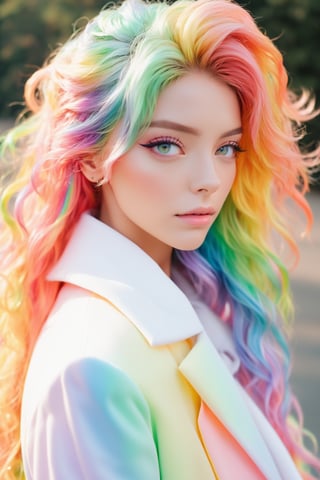 (masterpiece, best quality, anime), beautiful woman, upper body shot, beautiful eyes, rainbow hair, rainbow body, beautiful transparent coat,3d style