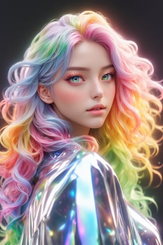 (masterpiece, best quality, anime), beautiful woman, upper body shot, beautiful eyes, rainbow hair, rainbow body, beautiful transparent coat,3d style