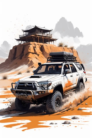 Centered image, bits of color, hand drawn, realistic sketch, Rough sketch, bold lines, splash art, Artwork design, white background, offroad vehicle Toyota samurai, desert, sunrise, flat illustration, high contrast, vibrant vector, vector image, 8k,dripping paint