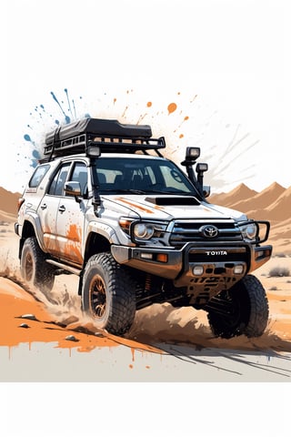 Centered image, bits of color, hand drawn, realistic sketch, Rough sketch, bold lines, splash art, Artwork design, white background, offroad vehicle Toyota samurai, desert, sunrise, flat illustration, high contrast, vibrant vector, vector image, 8k,dripping paint