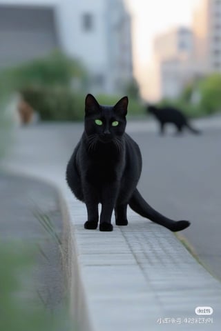 no humans, animal focus, cat, city background, animal, outdoors, looking at viewer, black cat, green-eyes