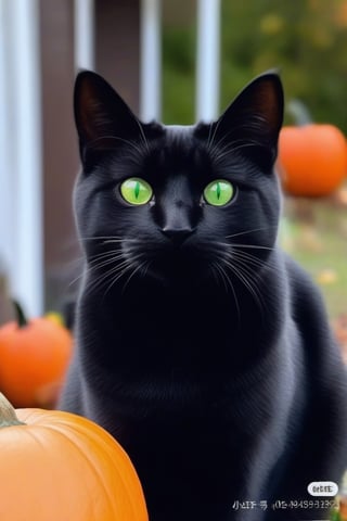 no humans, animal focus, cat, haunted house background, animal, outdoors, looking at viewer, black cat, green-eyes, next to jack-o'-lantern,