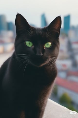 no humans, animal focus, cat, city background, animal, outdoors, looking at viewer, black cat, green-eyes