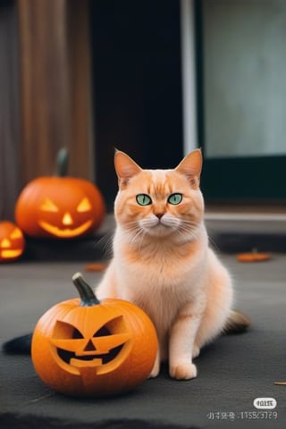 no humans, animal focus, cat, haunted house background, animal, outdoors, looking at viewer, naked cat, no fur, green-eyes, next to jack-o'-lantern,