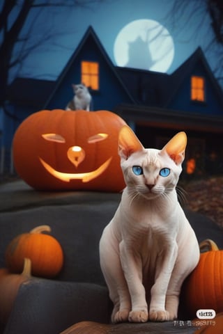 no humans, animal focus, cats, haunted house background, animal, outdoors, looking at viewer, sphynx cats, blue-eyes, next to jack-o'-lantern,