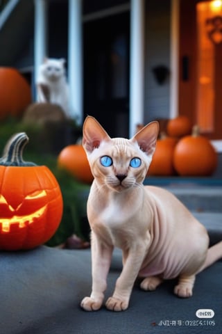 no humans, animal focus, cats, haunted house background, animal, outdoors, looking at viewer, sphynx cats, blue-eyes, next to jack-o'-lantern,