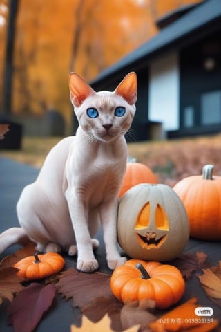 no humans, animal focus, cat, haunted house background, animal, outdoors, looking at viewer, sphynx cat, blue-eyes, next to jack-o'-lantern,