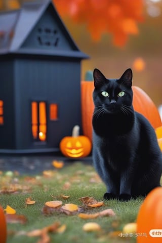 no humans, animal focus, cat, haunted house background, animal, outdoors, looking at viewer, black cat, green-eyes, next to jack-o'-lantern,