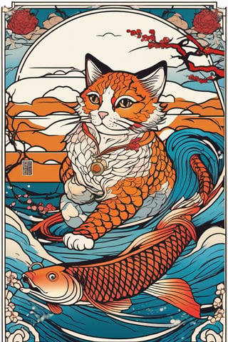 there is a cat and a carp fish tattoo, detailed cat, anime manga!! cat tattoo, Japanese art style, colorful illustration for tattoo, by Kan9an, ukiyoe style, Japanese illustration, by Shiba K0kan, line art illustration