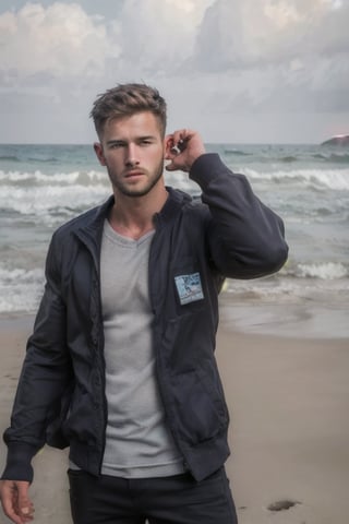 (Masterpiece, highest quality),high_resolution,real, realistic, reality, male,men, handsome ,outdoors, look_at_the_viewer,basic_background,beach