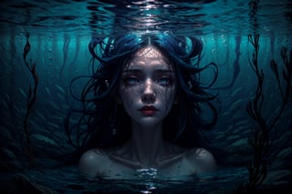 empty eyes with no pupils, mermaid underwater, perfect face, long dark blue hair, deep sea, dark colours, dark seaweed, underwater at night, sad scene, depressing, mysterious, scary,