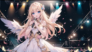 best quality,  masterpiece,  distant view,  beautiful and aesthetic,  vibrant color,  Exquisite details and textures,  Warm tone,  ultra realistic illustration,  (A young and handsome Asian girl with normal fingers, with long smooth blond hair and beautiful white wings, wearing a pure white dress, stood on the stage above and sang with a microphone. She did not look at the camera, but looked at audience under stage:1.3),  16K,  (HDR:1.4),  f(ull-body shot:1.2),  high contrast,  bokeh:1.2,  lens flare,  anime style,  ultra hd,  realistic,  vivid colors,  highly detailed,  UHD drawing,  perfect composition,  beautiful detailed,  intricate insanely detailed,  octane render trending on artstation,  8k artistic photography,  photorealistic concept art,  soft natural volumetric cinematic perfect light, 