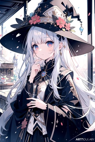 (best quality, masterpiece, panoramic:1.7), beautiful and aesthetic, Exquisite details and textures, 1girl, witch, black hat, white hair, long hair, red_eyes:1.5, long sleeves, skirt, indoor, workshop, potion bottle, books, medieval,  (solo:1.1),  16K,(HDR:1.4), high contrast, lens flare, ultra hd, realistic, vivid colors, highly detailed, UHD drawing, perfect composition, beautiful detailed, intricate insanely detailed, octane render trending on artstation, 8k artistic photography, photorealistic concept art, soft natural volumetric cinematic perfect light,look away ,nodf_lora, normal fingers,portrait,perfect light,1 girl