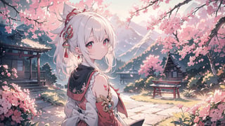 best quality, masterpiece, distant view, beautiful and aesthetic, vibrant color, Exquisite details and textures, Warm tone, ultra realistic illustration,(1 miko, solo, red_eyes, white_hair, beautiful detailed eyes:1.3), midnight, beautiful detailed starry_sky, beautiful detailed mountainside, (shrine:1.2), (sakura trees:1.2), (crowd:1.3), 16K, (HDR:1.4), high contrast, bokeh:1.2, lens flare, anime style, ultra hd, realistic, vivid colors, highly detailed, UHD drawing, perfect composition, beautiful detailed, intricate insanely detailed, octane render trending on artstation, 8k artistic photography, photorealistic concept art, soft natural volumetric cinematic perfect light, ,yoimiyadef,1 girl