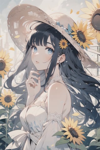 best quality, masterpiece, (panoramic:1.3), beautiful and aesthetic, Exquisite details and textures, Warm tone, ultra realistic illustration,1 girl,(black_hair:1.3),long_hair,straw hat,white_dress,(sunflower:1.2),sunny,(solo:1.3), 16K, (HDR:1.4), high contrast, lens flare,  ultra hd, realistic, vivid colors, highly detailed, UHD drawing, perfect composition, beautiful detailed, intricate insanely detailed, octane render trending on artstation, 8k artistic photography, photorealistic concept art, soft natural volumetric cinematic perfect light,look away ,nodf_lora, normal fingers,portrait,illustration