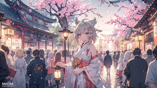 best quality,  masterpiece, distant view,  beautiful and aesthetic,  vibrant color,  Exquisite details and textures,  Warm tone,  ultra realistic illustration, shrine,Torii,(matsuri:1.2),hawker,lantern,Cherry blossoms,night,street lamp,Brick Walk,(miko,crowd:1.7),  16K,  (HDR:1.4),  high contrast,  bokeh:1.2,  lens flare,    anime style, ultra hd,  realistic,  vivid colors,  highly detailed,  UHD drawing,  perfect composition,  beautiful detailed, intricate insanely detailed, octane render trending on artstation,  8k artistic photography,  photorealistic concept art,  soft natural volumetric cinematic perfect light,miko dressing,1 girl