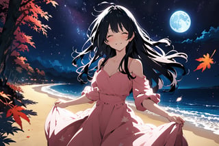 ((masterpiece, best quality, highres)), extremely detailed illustration, perfect face, looking at viewer, niji6,more detail XL,8k, [[cinematic, anime_screencap, CG unity]], ((vibrant)), scenary, serenity, 1girl, happy, closed eyes, tilted head, slight smile, ((pink long dress)), black hair, long hair, bangs, ((wind blew againts her hair and clothes)), BREAK, ((night full of stars:1.2)), moon, ocean, beach, sands, ((cowboy shot)), [[dark clouds]], trees, ((fall_leaves)), bokeh, centered,Kyoto animation style