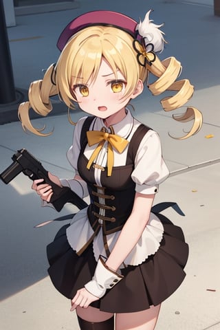 best quality, masterpiece, highres, solo, blonde_hair, drill_hair, twin_drills, twintails, hair_ornament, yellow_eyes, magical_girl, 1girl, beret, gun, hat, parody, weapon, open_mouth