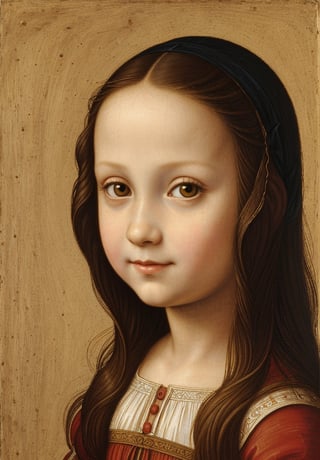 A painting of a 5-year-old girl in a school setting, depicted in Leonardo da Vinci's style, characterized by innocent, playful, and detailed features.