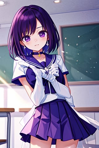 A beautiful and detailed illustration of a 6-year-old Japanese schoolgirl in a classroom setting, incorporating Sailor Saturn elements. She has short purple hair, purple eyes, and is wearing a magical girl outfit with a sailor senshi uniform, miniskirt, purple sailor collar, white gloves, circlet, brooch, choker, earrings, gloves, jewelry, and a star choker. The image should be in a high-quality, 8k resolution, with perfect lighting, extremely detailed CG, and perfect hands and anatomy. The girl should be looking at the viewer in a cowboy shot, with a natural light source and a school background. 