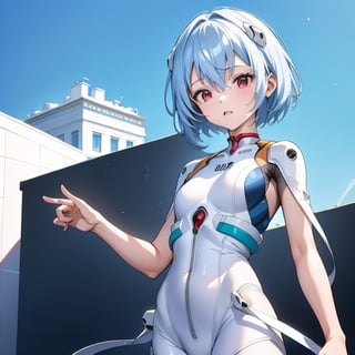 (6 year old girl:1.7), ayanami_rei, (insanely detailed:1.1), (Ultra detailed:1.1), high-quality 8K illustration, (cowboy shot:1.7), blue hair, red eyes, hair between eyes, (short hair:1.2), (white and blue plugsuit:1.3), (neural connectors:1.1), on a bright sunny day, (White House in background:1.4), beautiful detailed sky, beautiful detailed glow, posing in front of a dynamic background, masterpiece, best quality, beautiful and aesthetic, female focus, wallpaper
