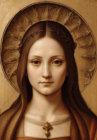 A portrait in the distinctive style of Leonardo da Vinci, depicting the upper body of the Virgin Mary in an ancient city. The background subtly hints at an ancient city, with elements such as detailed architecture, temples, and market scenes visible but not distracting from the main subject. Mary is shown wearing traditional ancient clothing, with a serene and compassionate expression. The painting captures the intricate details and realistic textures typical of Leonardo da Vinci's work, with a focus on light and shadow to create depth and dimension. Use the sfumato technique for soft transitions between colors and tones, and emphasize Mary's divine features and gentle presence. Blend Renaissance and ancient aesthetics seamlessly.