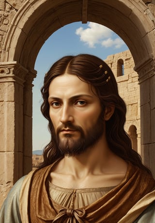 A cowboy shot painting of Jesus Christ in an ancient city, depicted in Leonardo da Vinci's distinctive High Renaissance style. The scene should feature intricate architectural details of ancient buildings in the background, with Christ in the foreground from waist up. Use the sfumato technique for soft transitions between colors and tones, creating a smoky effect without lines or borders. Include realistic human anatomy and natural elements of the period. Emphasize Christ's serene expression and delicate features, capturing the complexity of human emotions. Incorporate da Vinci's fascination with light and shadow, creating a mysterious and ethereal atmosphere. Blend Renaissance aesthetics with ancient architectural elements seamlessly. Pay attention to the subtle gradations in Christ's facial features and clothing, mimicking da Vinci's meticulous approach to detail and scientific observation of light and form.