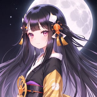 (black hair:1.5),
masterpiece, best quality, intricate details, (kaguya-hime:1.5), (little girl:1.5), (petite:1.5), beautiful child, black hair, white skin, light purple eyes, traditional Japanese kimono, (full moon background:1.3), ethereal glow, innocent smile, (childlike features:1.2), (fairy tale atmosphere:1.3), upper body portrait, (moonlit sky:1.2), (soft moonlight illumination:1.2), (lunar landscape:1.1), (kimono with moon patterns:1.1), (celestial theme:1.2)