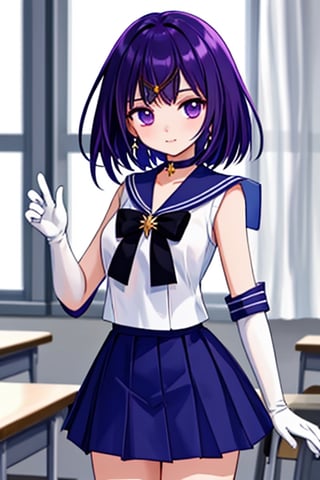 A beautiful and detailed illustration of a 6-year-old Japanese schoolgirl in a classroom setting, incorporating Sailor Saturn elements. She has short purple hair, purple eyes, and is wearing a magical girl outfit with a sailor senshi uniform, miniskirt, purple sailor collar, white gloves, circlet, brooch, choker, earrings, gloves, jewelry, and a star choker. The image should be in a high-quality, 8k resolution, with perfect lighting, extremely detailed CG, and perfect hands and anatomy. The girl should be looking at the viewer in a cowboy shot, with a natural light source and a school background. 