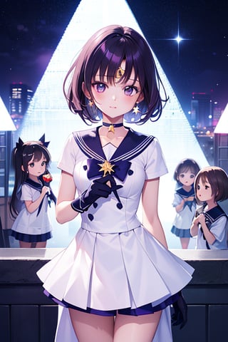  (A five-year-old girl:1.5),
 (Five years old:1.5),
 (infant:1.5),
 (little girl:1.5),
 (petite:1.5),
(solo:1.1),

A 6-year-old Japanese schoolgirl incorporating Sailor Saturn elements,
looking at the viewer,
cowboy shot,

(In front of the pyramid:1.3),

short purple hair,
purple eyes,

magical girl outfit,
sailor senshi uniform,
miniskirt,
purple sailor collar,
white gloves,
circlet,
brooch,
choker,
earrings,
gloves,
jewelry,
star choker,


beautiful and detailed illustration,
high-quality,
8k resolution,
perfect lighting,
extremely detailed CG,
perfect hands and anatomy,
masterpiece,

bright,
sunny day,