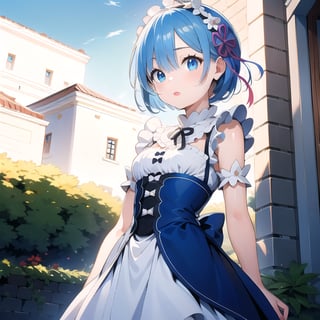 (6 year old girl:1.7), (cowboy shot:1.4), Rem from Re:Zero, (insanely detailed:1.1), (Ultra detailed:1.1), (8K resolution:1.2), (photorealistic:1.1), (natural lighting:1.1), young adult, big blue eyes, short light blue hair with side bangs, cute expression, wearing a distinctive maid outfit with frills and bows, blue and white color scheme, outdoors, the Kremlin in Moscow as background, bright sunny day, clear sky, looking at viewer, confident pose, (hyper-realistic:1.1), Russian architecture, historical atmosphere