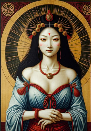 A painting of the upper body of Amaterasu, the Japanese sun goddess, in an ancient city, depicted in Leonardo da Vinci's distinctive High Renaissance style. The scene should feature intricate architectural details of ancient buildings in the background, with Amaterasu in the foreground. Use the sfumato technique for soft transitions between colors and tones, creating a smoky effect without lines or borders. Include realistic human anatomy and natural elements of the period. Emphasize Amaterasu's serene and radiant expression, capturing the complexity of divine emotions. Incorporate da Vinci's fascination with light and shadow, creating a mysterious and ethereal atmosphere. Blend Renaissance aesthetics with ancient architectural elements seamlessly. Pay attention to the subtle gradations in Amaterasu's facial features and clothing, mimicking da Vinci's meticulous approach to detail and scientific observation of light and form.