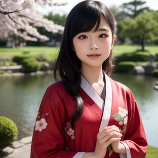 A stunning portrait of an 8-year-old Japanese girl, radiating beauty and innocence. She has long, flowing black hair, large, expressive dark eyes, and a delicate, heart-shaped face. She is wearing a traditional Japanese kimono, adorned with intricate patterns and vibrant colors. The background is a serene Japanese garden with cherry blossoms in full bloom. Highly detailed, masterpiece, 8K resolution.