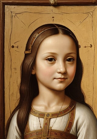 A portrait in the distinctive style of Leonardo da Vinci, depicting the upper body of a 5-year-old girl dressed in traditional ancient Egyptian clothing. The background subtly hints at an ancient Egyptian city, with elements such as detailed architecture and market scenes visible but not distracting from the main subject. The girl has a serene and innocent expression, and the painting captures the intricate details and realistic textures typical of Leonardo da Vinci's work, with a focus on light and shadow to create depth and dimension.