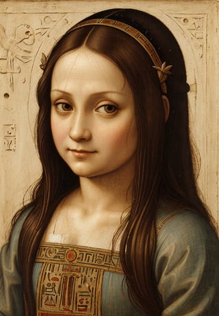 A portrait in the distinctive style of Leonardo da Vinci, depicting the upper body of a 5-year-old girl dressed in traditional ancient Egyptian clothing. The background subtly hints at an ancient Egyptian city, with elements such as detailed architecture and market scenes visible but not distracting from the main subject. The girl has a serene and innocent expression, and the painting captures the intricate details and realistic textures typical of Leonardo da Vinci's work, with a focus on light and shadow to create depth and dimension.