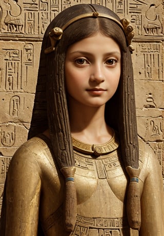 A painting of a 5-year-old girl in an ancient Egyptian city, depicted in Leonardo da Vinci's distinctive style. The scene should feature intricate architectural details of Egyptian temples and pyramids, with the girl in the foreground. Use sfumato technique for soft transitions between colors and tones. Include realistic human anatomy and natural elements like the Nile River. Emphasize the girl's curious expression and delicate features. Incorporate da Vinci's fascination with light and shadow, creating a mysterious atmosphere. Blend Renaissance and ancient Egyptian aesthetics seamlessly