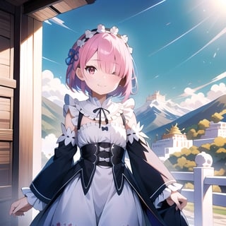 (insanely detailed:1.1),
(Ultra detailed:1.1),
(8K resolution:1.1),
(photorealistic:1.1),
(hyper-realistic:1.1),
Photorealistic 8K resolution illustration,
Vibrant colors,
sharp focus,

(6 year old girl:1.7),
Ram from Re:Zero,
starting life in another world,
petite figure,

(cowboy shot:1.4),

(hair over one eye:1.1),
distinctive pink hair,

large red eyes,

Wearing her iconic maid uniform with frills and bows,
white headdress,

Bright sunny day,
clear blue sky,
Background: Potala Palace in Tibet,
Majestic Himalayan mountains,
Tibetan prayer flags,
Ancient Buddhist architecture,
Lhasa cityscape,
