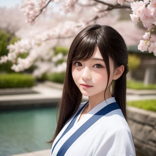 A stunning portrait of an 8-year-old Japanese girl, radiating beauty and innocence. She has long, flowing black hair, large, expressive dark eyes, and a delicate, heart-shaped face. She is wearing a traditional Japanese kimono, adorned with intricate patterns and vibrant colors. The background is a serene Japanese garden with cherry blossoms in full bloom. Highly detailed, masterpiece, 8K resolution.