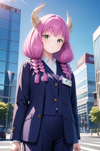 (solo:1.1),
young,
petite,
6-year-old,
Japanese girl,
gentle and kind expression,

aaaura,
braid,
twin braids,
horns,

(Office worker clothes:1.1),

looking at the viewer, cowboy shot,

In front of a building in Shinjuku,

bright,
sunny day,

photorealistic,
ultra-high-resolution,
8K,
