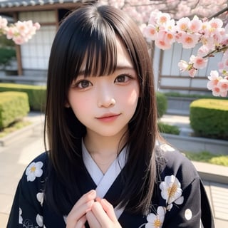 A stunning portrait of an 8-year-old Japanese girl, radiating beauty and innocence. She has long, flowing black hair, large, expressive dark eyes, and a delicate, heart-shaped face. She is wearing a traditional Japanese kimono, adorned with intricate patterns and vibrant colors. The background is a serene Japanese garden with cherry blossoms in full bloom. Highly detailed, masterpiece, 8K resolution.