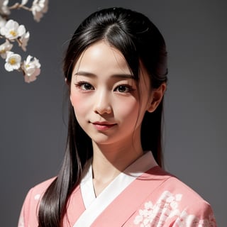 A stunning portrait of an 8-year-old Japanese girl, radiating beauty and innocence. She has long, flowing black hair, large, expressive dark eyes, and a delicate, heart-shaped face. She is wearing a traditional Japanese kimono, adorned with intricate patterns and vibrant colors. The background is a serene Japanese garden with cherry blossoms in full bloom. Highly detailed, masterpiece, 8K resolution.