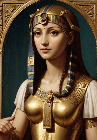 A High Renaissance style painting of the upper body of Cleopatra, the Egyptian queen, depicted in Leonardo da Vinci's distinctive style. The scene should feature intricate architectural details of ancient Egyptian temples and pyramids in the background, with Cleopatra in the foreground. Use the sfumato technique for soft transitions between colors and tones, creating a smoky effect without lines or borders. Include realistic human anatomy and natural elements like the Nile River. Emphasize Cleopatra's regal and enigmatic expression, capturing the complexity of her character. Incorporate da Vinci's fascination with light and shadow, creating a mysterious and ethereal atmosphere. Blend Renaissance aesthetics with ancient Egyptian architectural elements seamlessly. Pay attention to the subtle gradations in Cleopatra's facial features and clothing, mimicking da Vinci's meticulous approach to detail and scientific observation of light and form.