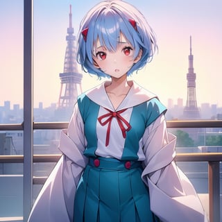 (6 year old girl:1.7), ayanami_rei, (insanely detailed:1.1), (Ultra detailed:1.1), high-quality 8K illustration, (cowboy shot:1.4), 1girl, looking at viewer, solo, blue hair, red eyes, hair between eyes, (short hair:1.2), (casual clothes:1.3), (school uniform:1.2), on a bright sunny day, (Tokyo Tower in background:1.4), beautiful detailed sky, beautiful detailed glow, posing in front of a dynamic background, masterpiece, best quality, beautiful and aesthetic, female focus, wallpaper
