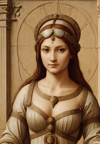 A portrait in the distinctive style of Leonardo da Vinci, depicting the upper body of the goddess Athena in an ancient city. The background subtly hints at an ancient city, with elements such as detailed architecture, temples, and market scenes visible but not distracting from the main subject. Athena is shown wearing traditional ancient clothing, with a serene and wise expression. The painting captures the intricate details and realistic textures typical of Leonardo da Vinci's work, with a focus on light and shadow to create depth and dimension. Use the sfumato technique for soft transitions between colors and tones, and emphasize Athena's divine features and commanding presence. Blend Renaissance and ancient aesthetics seamlessly.